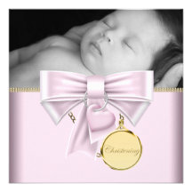 Baptême rose de photo de bébé d'or invitations