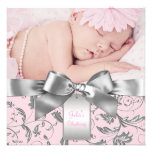 Baptême rose et gris élégant cartons d'invitation personnalisés