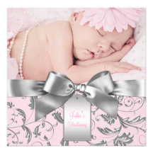 Baptême rose et gris élégant cartons d'invitation personnalisés