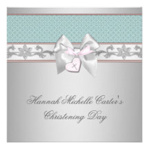 Baptême rose turquoise argenté de filles carton d'invitation