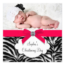 Baptême rouge de photo de bébé de zèbre invitations
