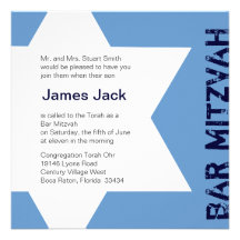 Barre Mitzvah d'étoile de David - bleu et blanc 2 Invitations Personnalisées