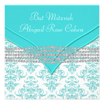 Bat mitzvah bleu turquoise de damassé invitations