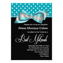 Bat mitzvah bleu turquoise noir de point de polka faire-part