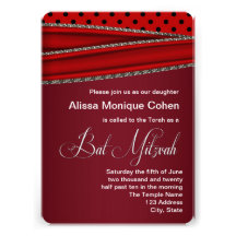Bat mitzvah noir rouge de point de polka invitations