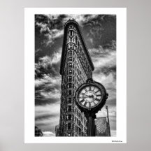 Bâtiment et horloge de Flatiron en noir et blanc Posters