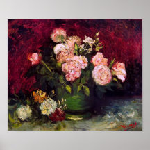 Beaux-arts de pivoines et de roses de cuvette de V Affiche