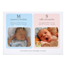 Bébé Announcment - monogramme de jumeaux Cartons D'invitation