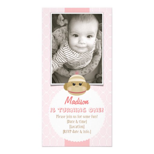 Bébé d'invitation d'anniversaire de fille de singe cartes de vœux avec photo