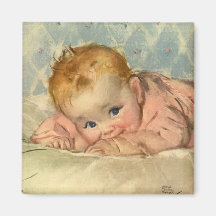 Bébé mignon d'enfants vintages dans le rose sur la magnets pour réfrigérateur