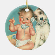 Bébé mignon vintage parlant sur le chiot de téléph décorations de noël