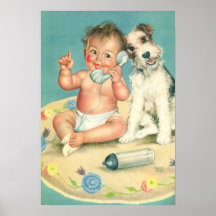 Bébé mignon vintage parlant sur le chiot de téléph posters
