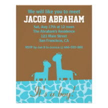 Bébé - silhouettes et motif bleus de girafe invitation personnalisée