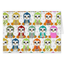 Belles fleurs colorées mignonnes de pingouins carte de vœux