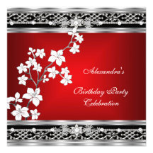 Blanc argenté floral noir rouge asiatique d'annive cartons d'invitation
