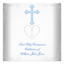 Bleu blanc de première sainte communion de garçon invitations