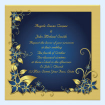 Bleu, cadre floral d'or invitations