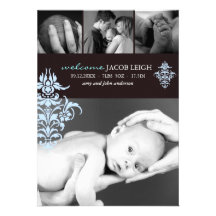 Bleu et faire-part de naissance de damassé de Brow