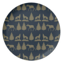 Bleu marine bronzage rustique d'orignaux de pins s assiette
