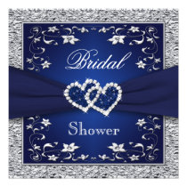 Bleu marine, floral argenté, douche nuptiale de co invitations