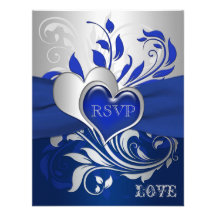 Bleu, rouleaux argentés, carte des coeurs RSVP Invitations