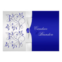 Bleu royal et faire-part de mariage floral argenté