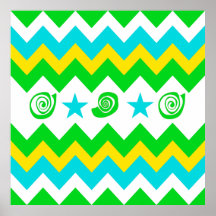 Bold Lime Teal Yellow Chevron with Stars and Swirl Print