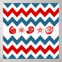 Bold Red White Blue Chevrons with Swirls and Stars Posters