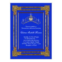 Bonbon 15 Quinceanera à diadème d'or de bleu marin Invitations Personnalisées