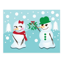 Bonhomme de neige avec le gui voulant un baiser cartes postales