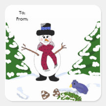 Bonhomme de neige dans la forêt stickers carrés