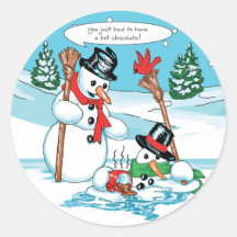 Bonhomme de neige drôle avec la bande dessinée de  autocollant rond