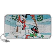 Bonhomme de neige drôle avec la bande dessinée de  haut-parleur iPod