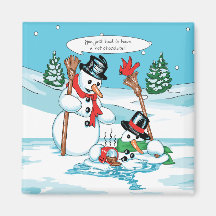 Bonhomme de neige drôle avec la bande dessinée de  aimant pour réfrigérateur