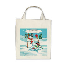 Bonhomme de neige drôle avec la bande dessinée de  sac fourre-tout