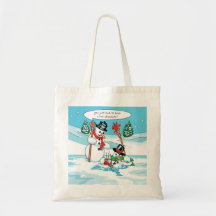 Bonhomme de neige drôle avec la bande dessinée de  sacs en toile