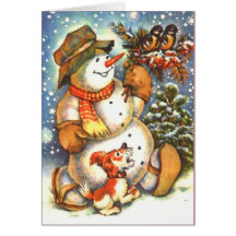 Bonhomme de neige et chien carte de vœux