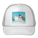 Bonhomme de neige jetant un floc d'amusement d'hiv casquette