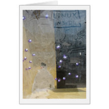 bonhomme de neige par une fenêtre carte de vœux