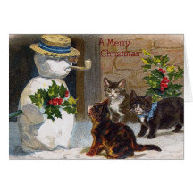 Bonhomme de neige vintage de Noël et carte de chat