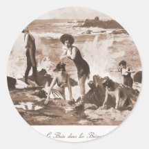 Bord de la mer victorien français de femme de rétr autocollant rond