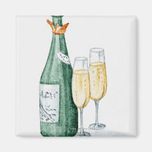 Bouteilles de Champagne et deux verres Aimants Pour Réfrigérateur