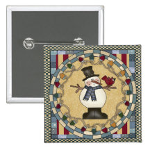 Bouton de Noël - bonhomme de neige et oiseau rouge Badges