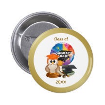 Bouton d'obtention du diplôme. Hibou, casquette de Pin's