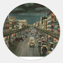 Bowery, par nuit, New York. Cru Autocollants Ronds