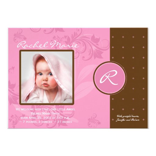 Brown et faire-part rose de bébé de photo de monog
