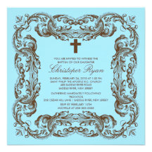 Brown et invitation vintage bleue de baptême de ca