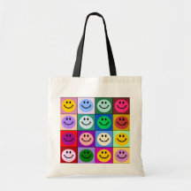Carrés souriants de visage d'arc-en-ciel sacs en toile