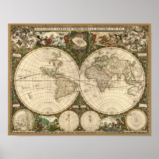 Carte 1660 du monde d'antiquité par Frederick de W Poster
