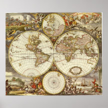 Carte antique du monde, C. 1680. Par Frederick de  Affiches